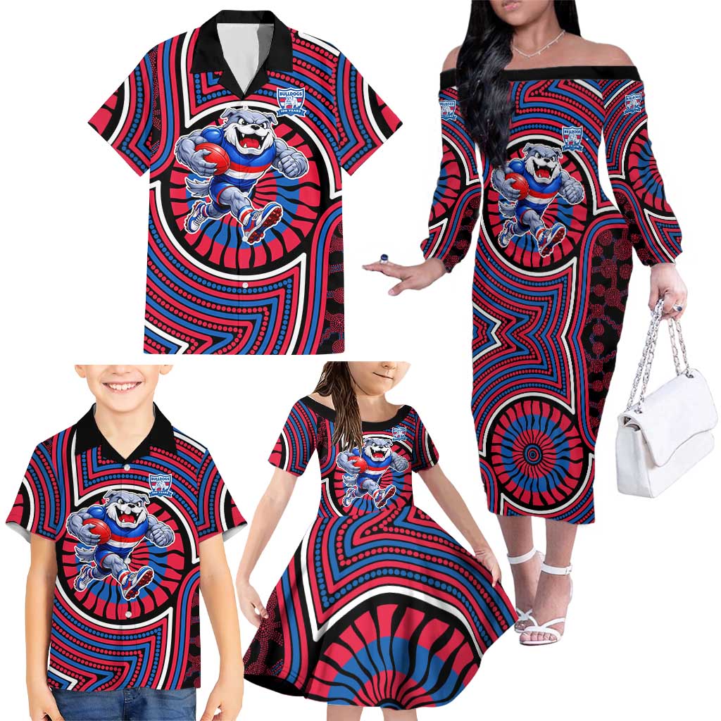 Western Bulldogs Family Matching Off The Shoulder Long Sleeve Dress and Hawaiian Shirt Indigenous Monochrome Dot Art Mascot Style