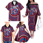 Western Bulldogs Family Matching Off The Shoulder Long Sleeve Dress and Hawaiian Shirt Indigenous Monochrome Dot Art Mascot Style