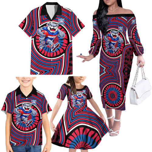 Western Bulldogs Family Matching Off The Shoulder Long Sleeve Dress and Hawaiian Shirt Indigenous Monochrome Dot Art Mascot Style
