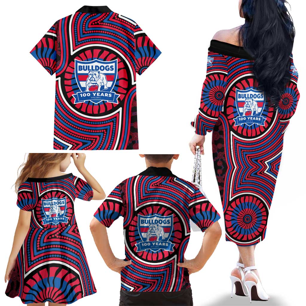 Western Bulldogs Family Matching Off The Shoulder Long Sleeve Dress and Hawaiian Shirt Indigenous Monochrome Dot Art Mascot Style