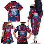 Western Bulldogs Family Matching Off The Shoulder Long Sleeve Dress and Hawaiian Shirt Indigenous Monochrome Dot Art Mascot Style