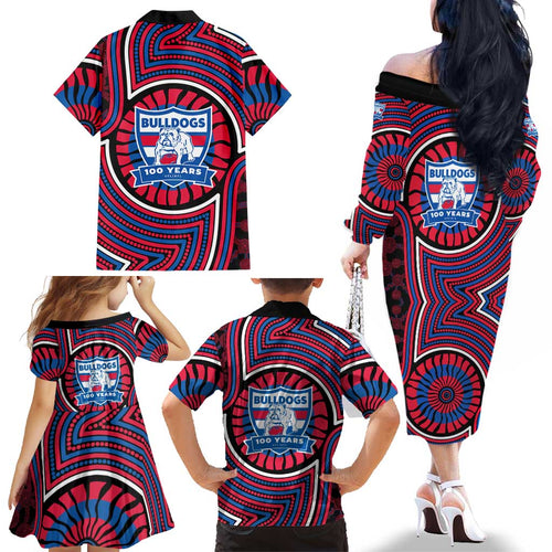 Western Bulldogs Family Matching Off The Shoulder Long Sleeve Dress and Hawaiian Shirt Indigenous Monochrome Dot Art Mascot Style