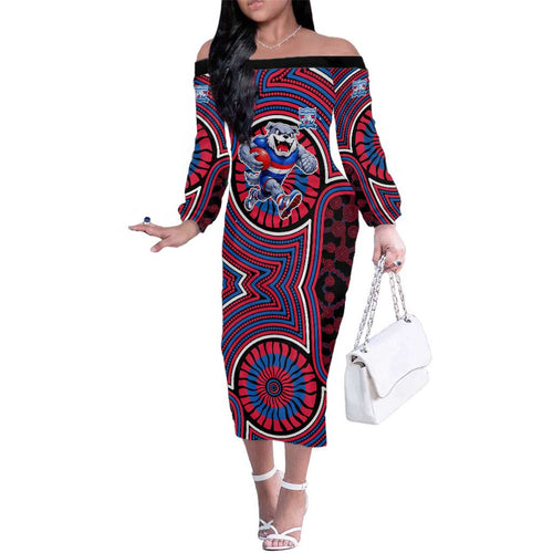 Western Bulldogs Family Matching Off The Shoulder Long Sleeve Dress and Hawaiian Shirt Indigenous Monochrome Dot Art Mascot Style