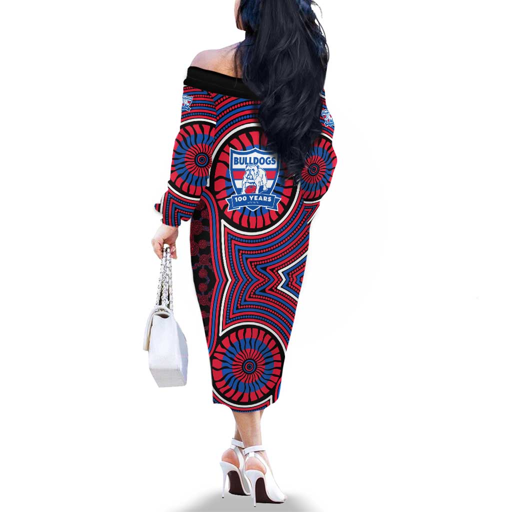 Western Bulldogs Family Matching Off The Shoulder Long Sleeve Dress and Hawaiian Shirt Indigenous Monochrome Dot Art Mascot Style