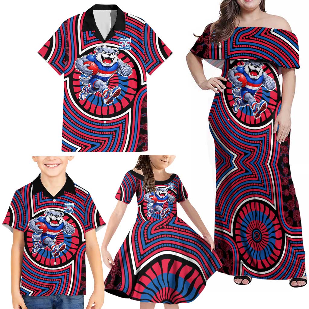 Western Bulldogs Family Matching Off Shoulder Maxi Dress and Hawaiian Shirt Indigenous Monochrome Dot Art Mascot Style