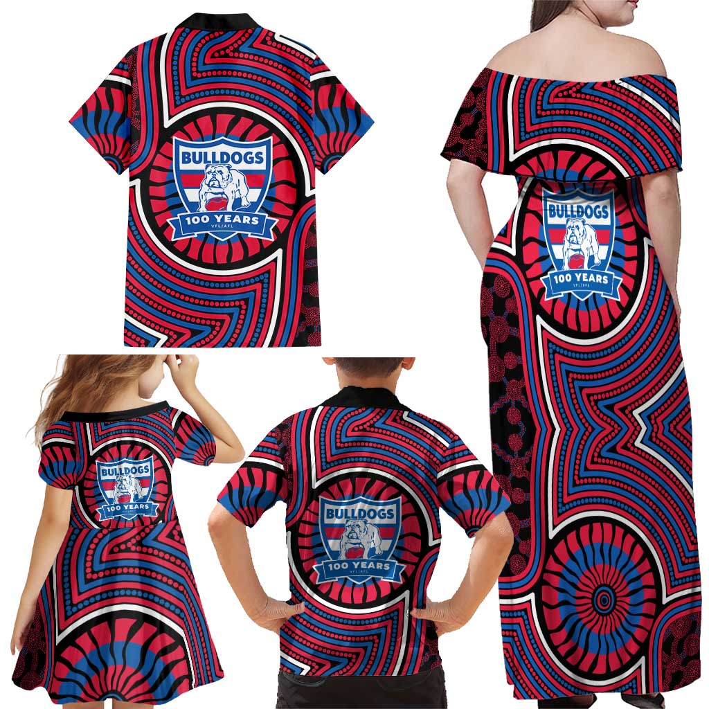 Western Bulldogs Family Matching Off Shoulder Maxi Dress and Hawaiian Shirt Indigenous Monochrome Dot Art Mascot Style