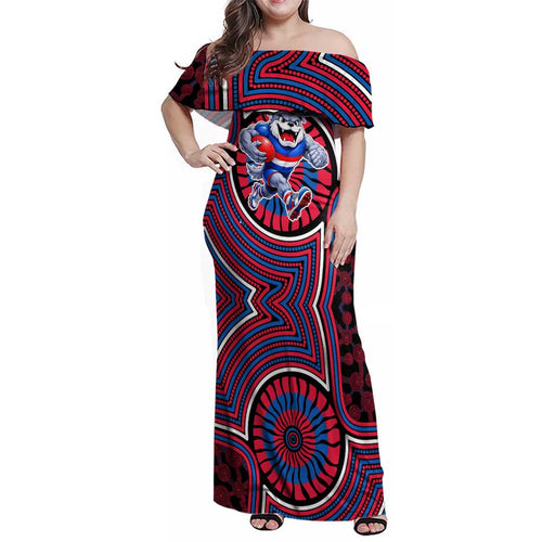 Western Bulldogs Family Matching Off Shoulder Maxi Dress and Hawaiian Shirt Indigenous Monochrome Dot Art Mascot Style