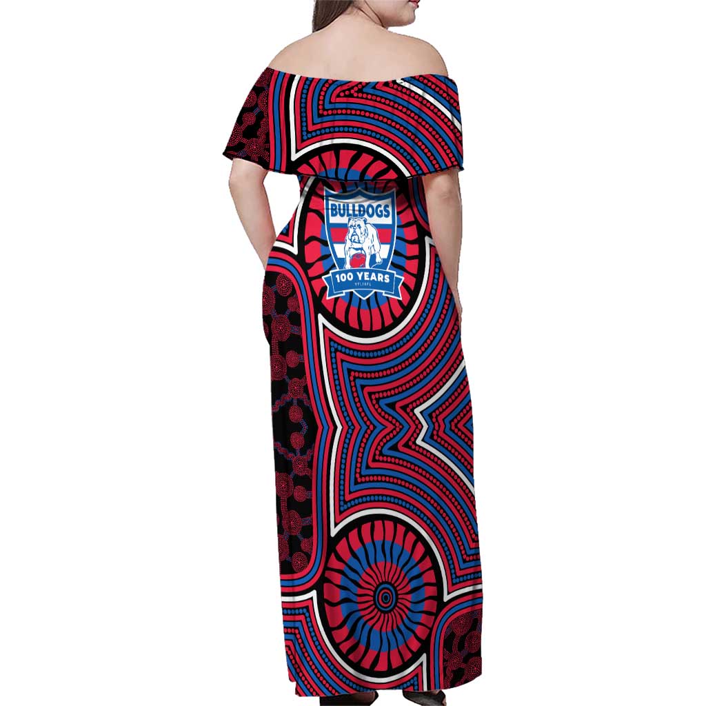 Western Bulldogs Family Matching Off Shoulder Maxi Dress and Hawaiian Shirt Indigenous Monochrome Dot Art Mascot Style