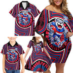 Western Bulldogs Family Matching Off Shoulder Short Dress and Hawaiian Shirt Indigenous Monochrome Dot Art Mascot Style