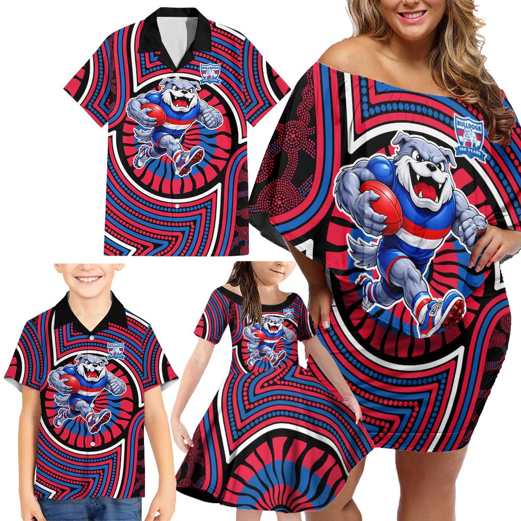 Western Bulldogs Family Matching Off Shoulder Short Dress and Hawaiian Shirt Indigenous Monochrome Dot Art Mascot Style