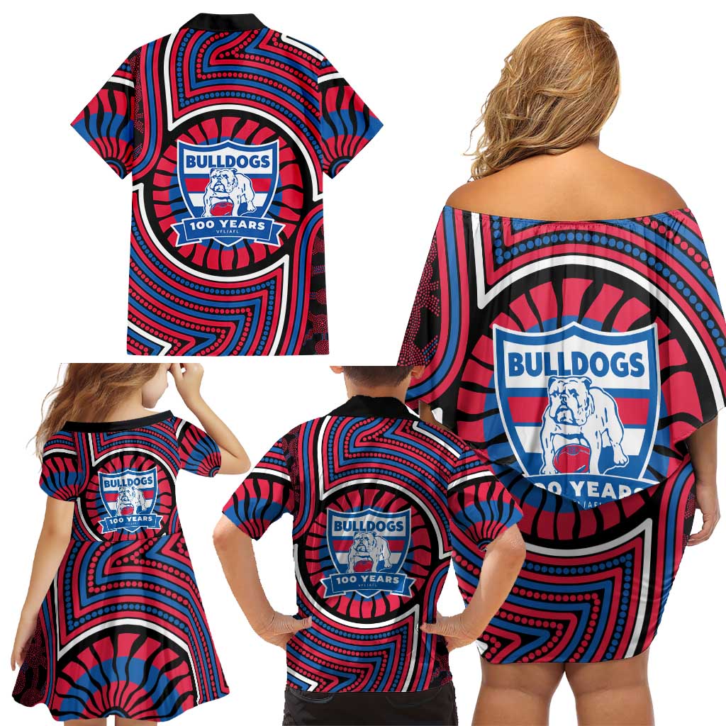 Western Bulldogs Family Matching Off Shoulder Short Dress and Hawaiian Shirt Indigenous Monochrome Dot Art Mascot Style