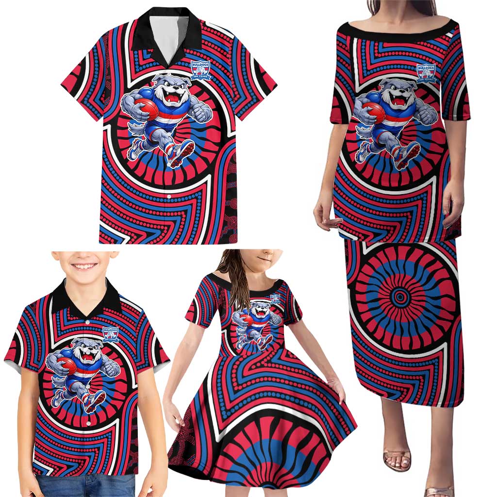 Western Bulldogs Family Matching Puletasi and Hawaiian Shirt Indigenous Monochrome Dot Art Mascot Style
