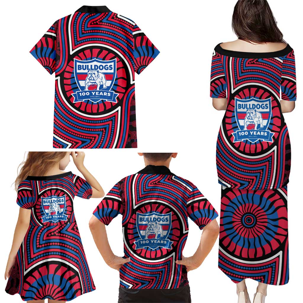 Western Bulldogs Family Matching Puletasi and Hawaiian Shirt Indigenous Monochrome Dot Art Mascot Style