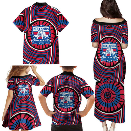Western Bulldogs Family Matching Puletasi and Hawaiian Shirt Indigenous Monochrome Dot Art Mascot Style