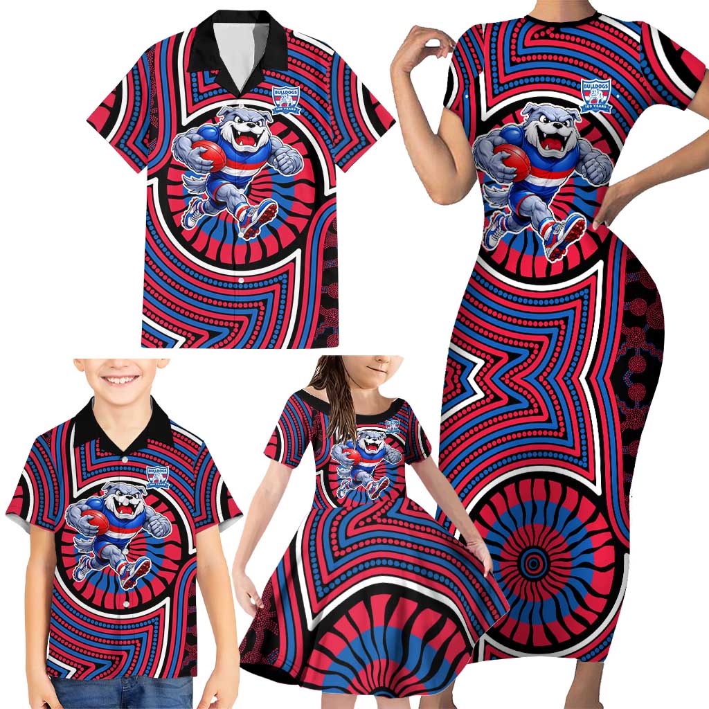 Western Bulldogs Family Matching Short Sleeve Bodycon Dress and Hawaiian Shirt Indigenous Monochrome Dot Art Mascot Style