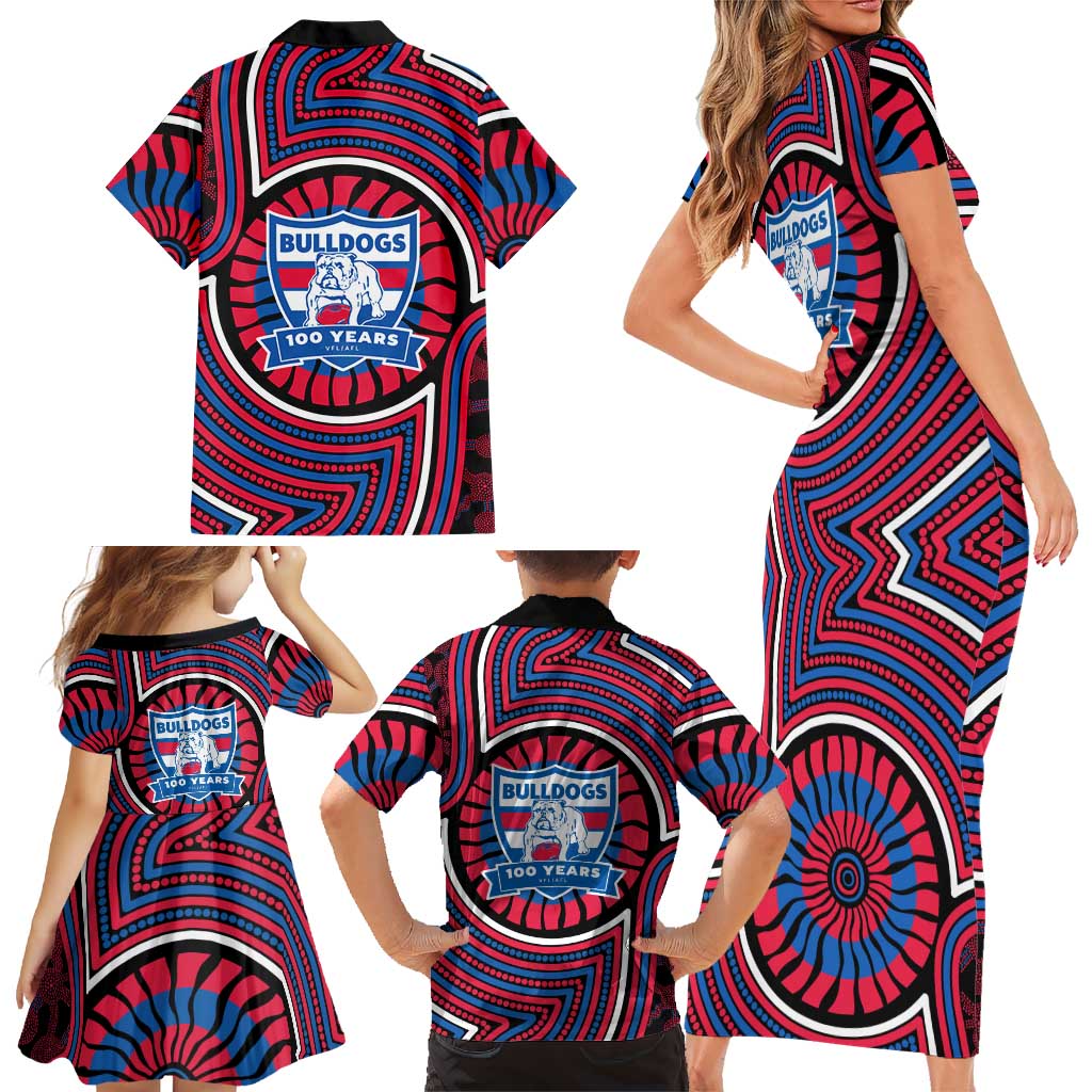 Western Bulldogs Family Matching Short Sleeve Bodycon Dress and Hawaiian Shirt Indigenous Monochrome Dot Art Mascot Style