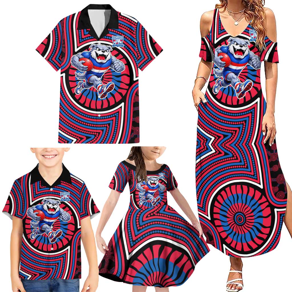 Western Bulldogs Family Matching Summer Maxi Dress and Hawaiian Shirt Indigenous Monochrome Dot Art Mascot Style