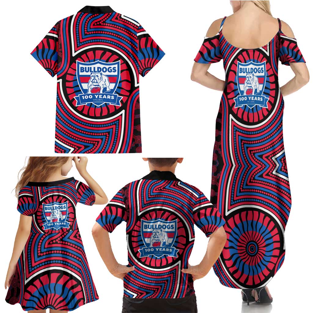 Western Bulldogs Family Matching Summer Maxi Dress and Hawaiian Shirt Indigenous Monochrome Dot Art Mascot Style