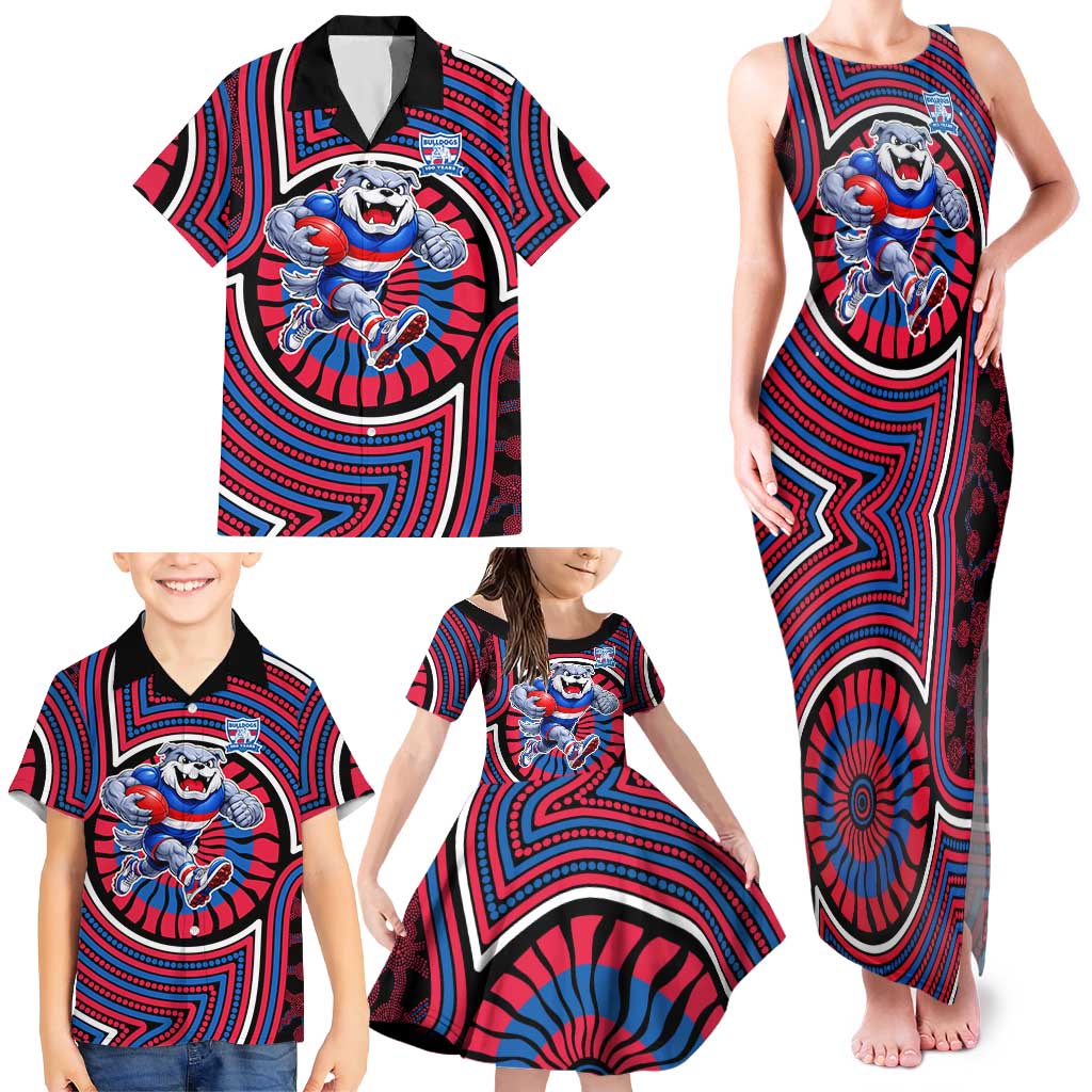 Western Bulldogs Family Matching Tank Maxi Dress and Hawaiian Shirt Indigenous Monochrome Dot Art Mascot Style