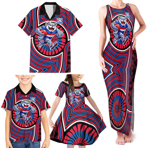 Western Bulldogs Family Matching Tank Maxi Dress and Hawaiian Shirt Indigenous Monochrome Dot Art Mascot Style