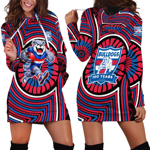 Western Bulldogs Hoodie Dress Indigenous Monochrome Dot Art Mascot Style