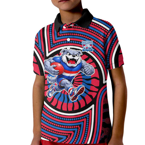 Western Bulldogs Kid Polo Shirt Indigenous Monochrome Dot Art Mascot Style