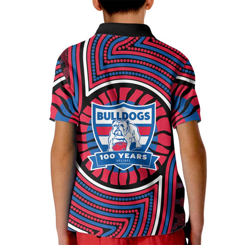 Western Bulldogs Kid Polo Shirt Indigenous Monochrome Dot Art Mascot Style