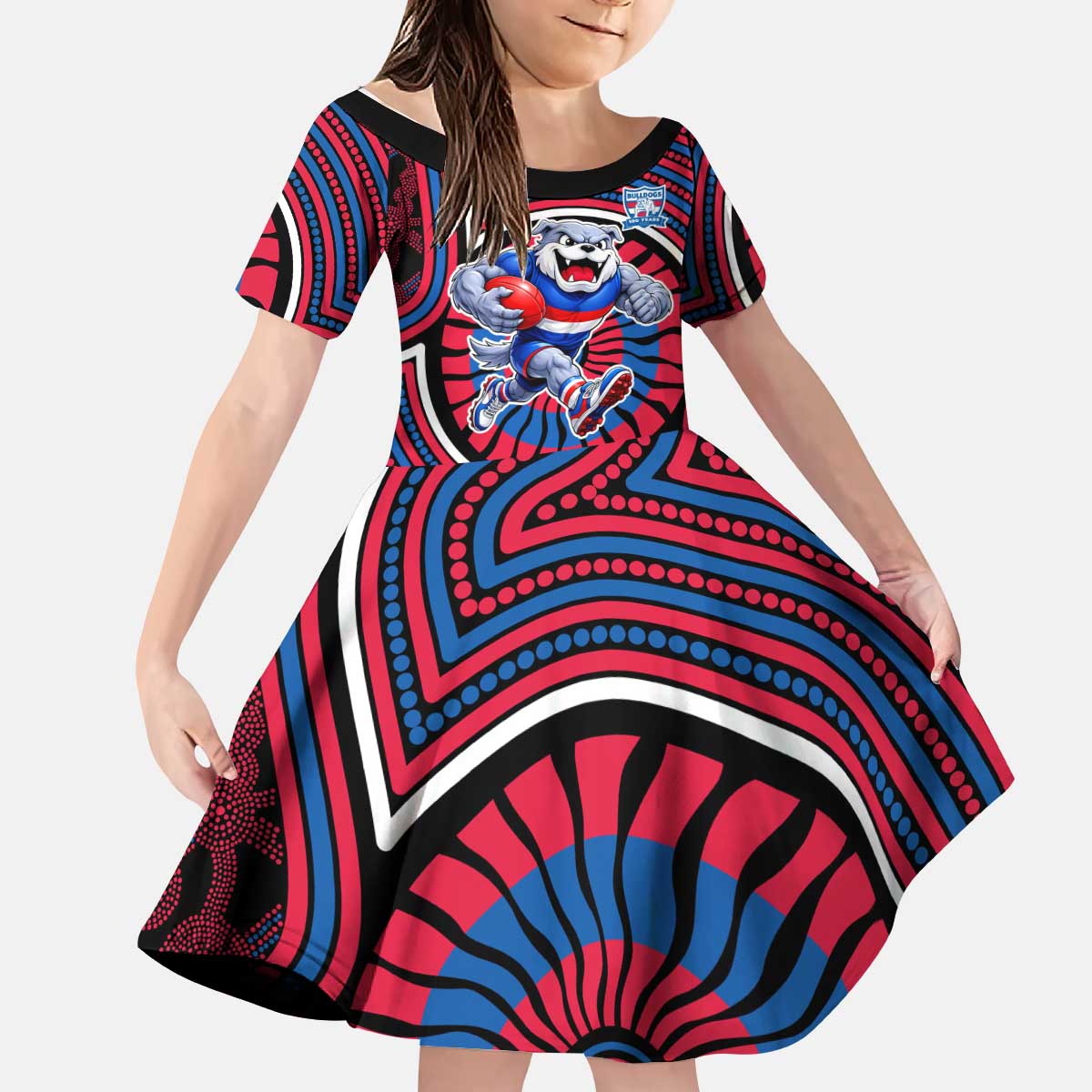 Western Bulldogs Kid Short Sleeve Dress Indigenous Monochrome Dot Art Mascot Style