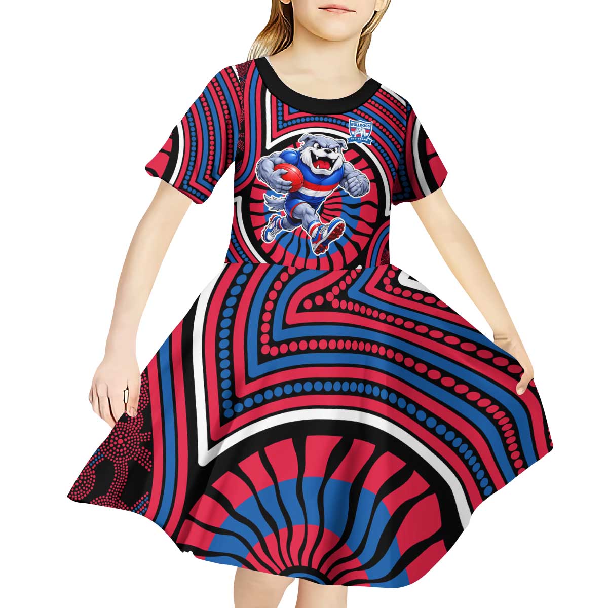 Western Bulldogs Kid Short Sleeve Dress Indigenous Monochrome Dot Art Mascot Style