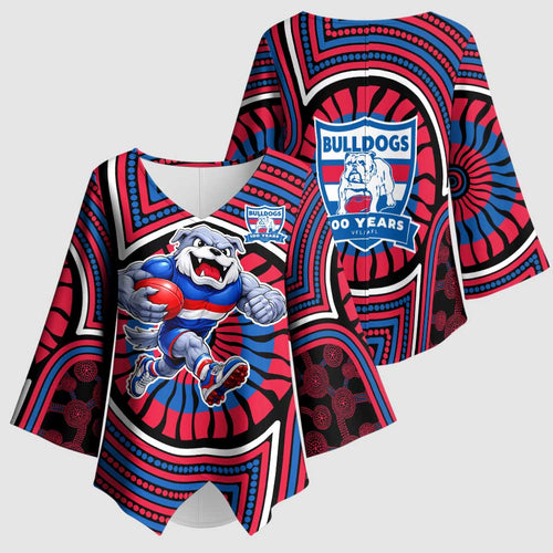 Western Bulldogs Kimono Sleeve Blouse Indigenous Monochrome Dot Art Mascot Style