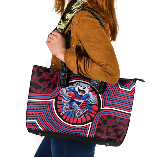 Western Bulldogs Leather Tote Bag Indigenous Monochrome Dot Art Mascot Style