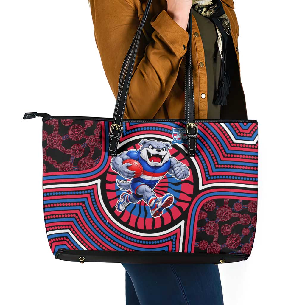 Western Bulldogs Leather Tote Bag Indigenous Monochrome Dot Art Mascot Style