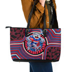 Western Bulldogs Leather Tote Bag Indigenous Monochrome Dot Art Mascot Style