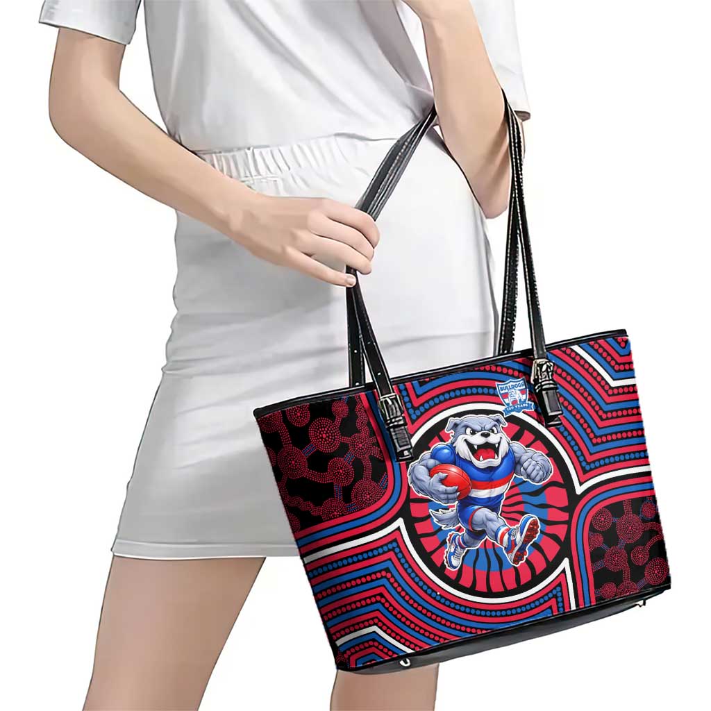 Western Bulldogs Leather Tote Bag Indigenous Monochrome Dot Art Mascot Style