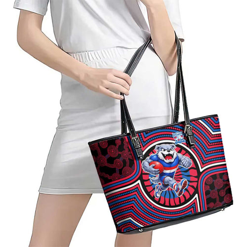 Western Bulldogs Leather Tote Bag Indigenous Monochrome Dot Art Mascot Style