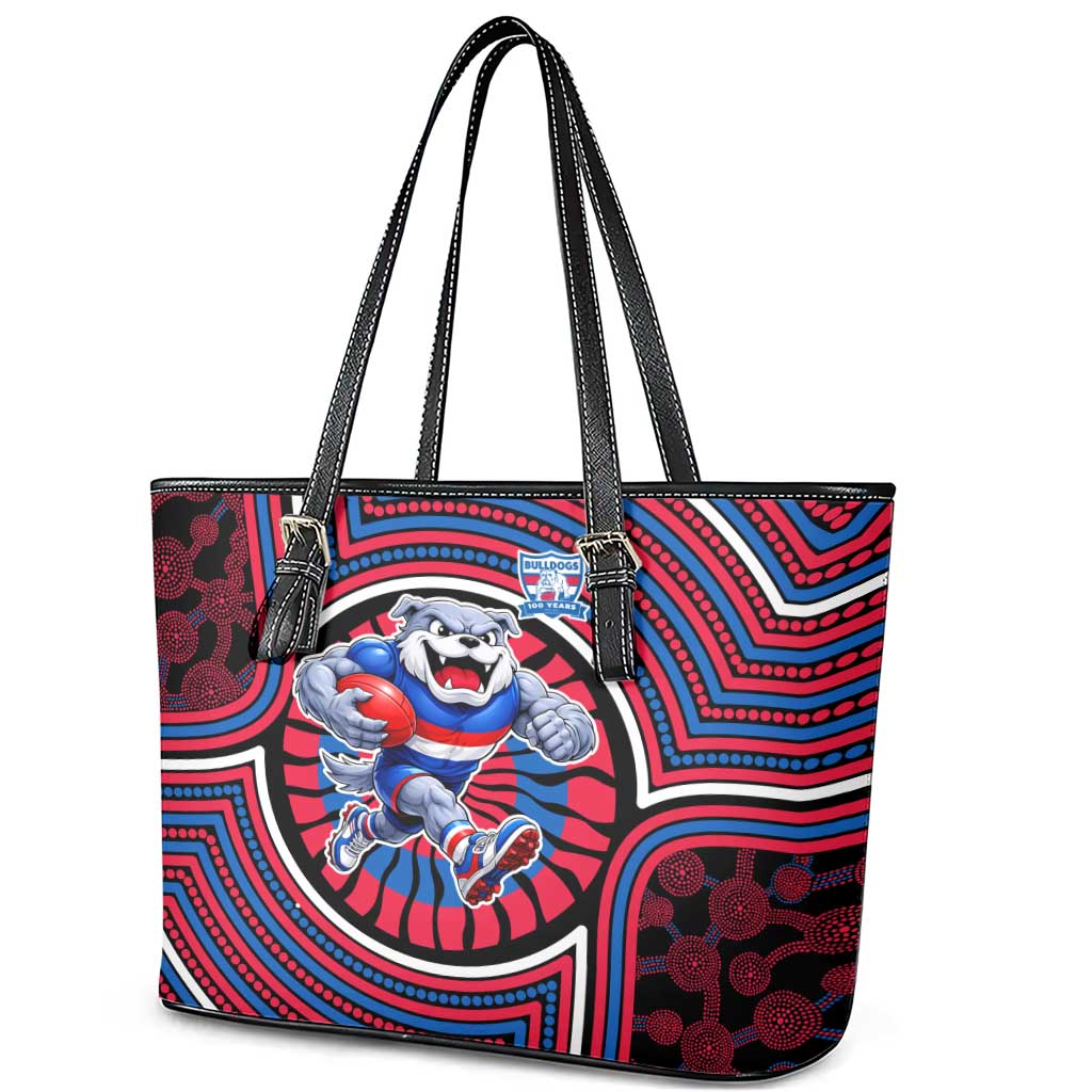 Western Bulldogs Leather Tote Bag Indigenous Monochrome Dot Art Mascot Style