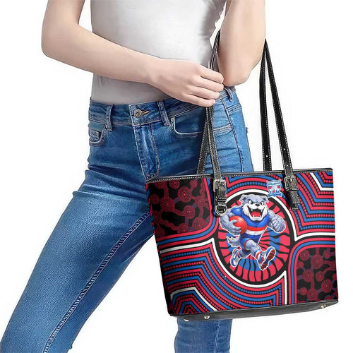 Western Bulldogs Leather Tote Bag Indigenous Monochrome Dot Art Mascot Style