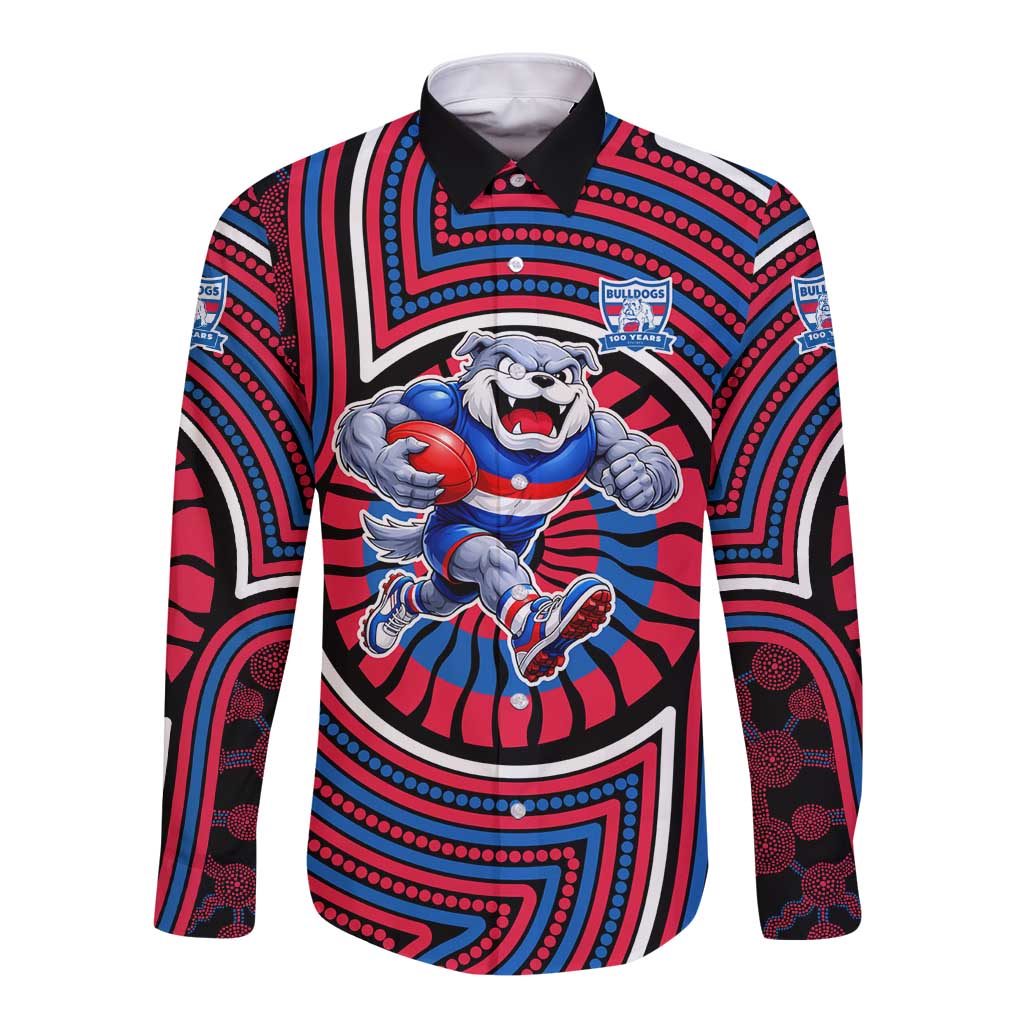 Western Bulldogs Long Sleeve Button Shirt Indigenous Monochrome Dot Art Mascot Style