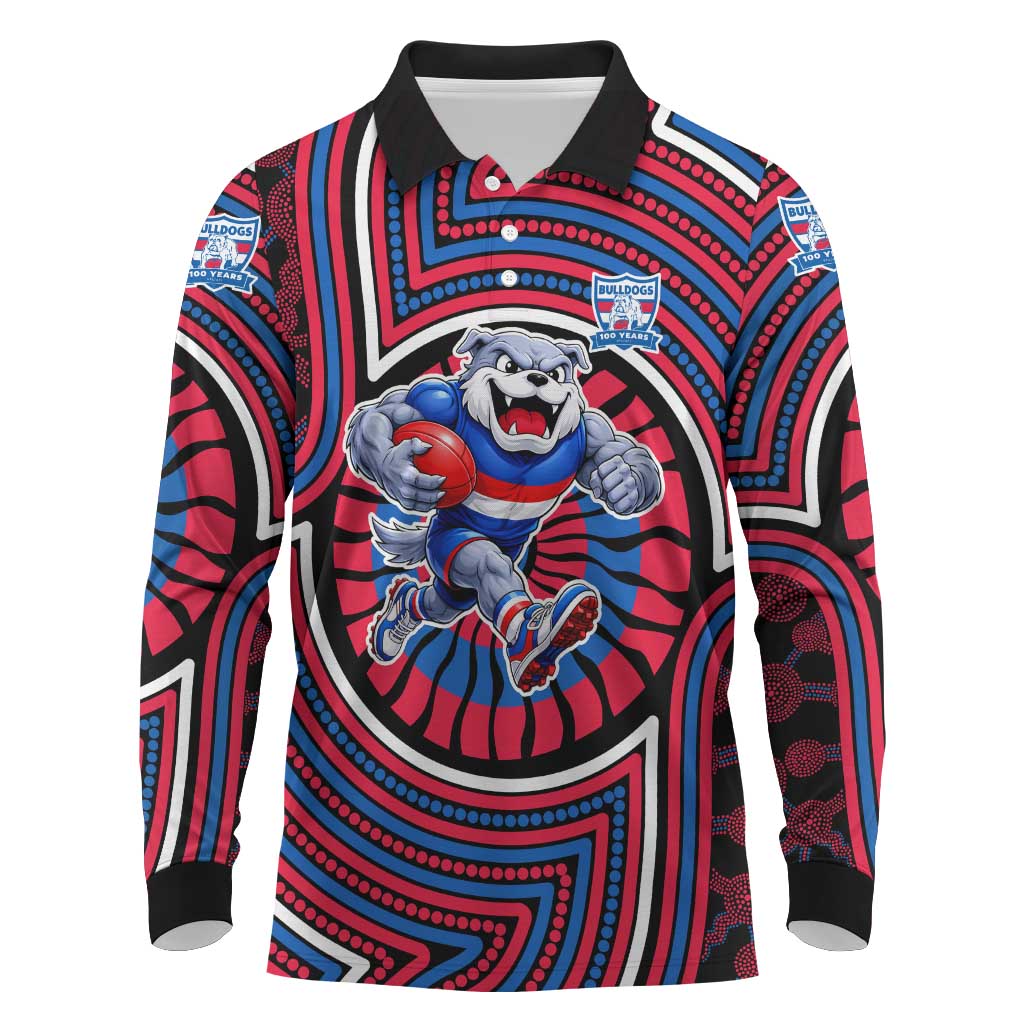 Western Bulldogs Long Sleeve Polo Shirt Indigenous Monochrome Dot Art Mascot Style