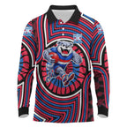 Western Bulldogs Long Sleeve Polo Shirt Indigenous Monochrome Dot Art Mascot Style