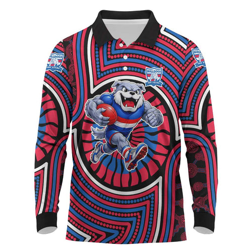 Western Bulldogs Long Sleeve Polo Shirt Indigenous Monochrome Dot Art Mascot Style
