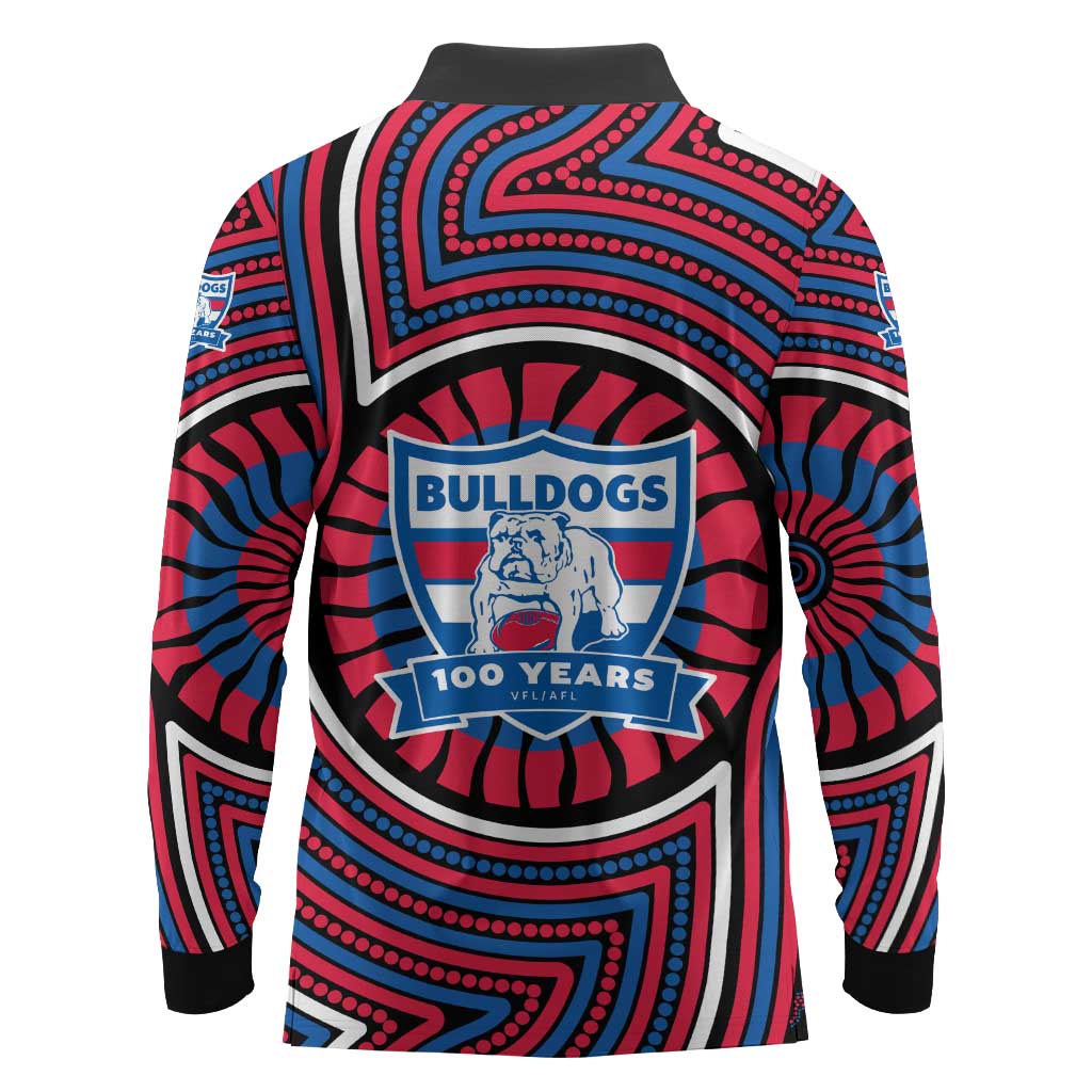 Western Bulldogs Long Sleeve Polo Shirt Indigenous Monochrome Dot Art Mascot Style