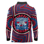 Western Bulldogs Long Sleeve Polo Shirt Indigenous Monochrome Dot Art Mascot Style