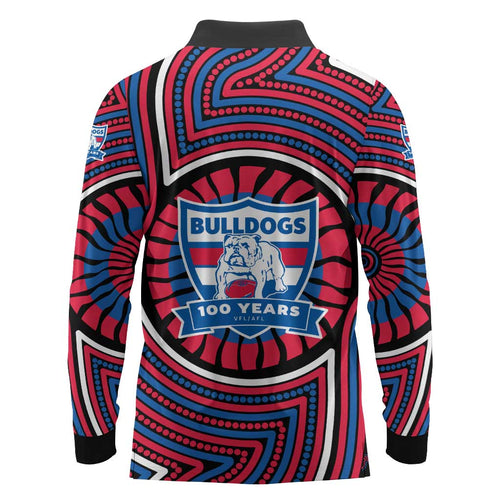Western Bulldogs Long Sleeve Polo Shirt Indigenous Monochrome Dot Art Mascot Style