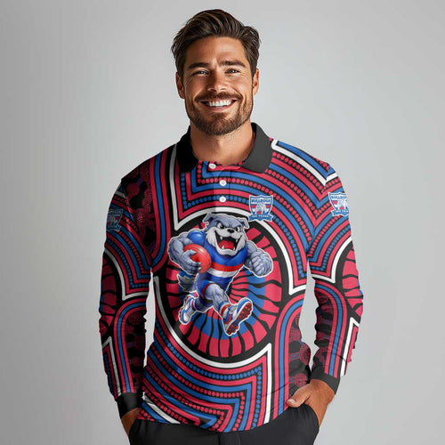Western Bulldogs Long Sleeve Polo Shirt Indigenous Monochrome Dot Art Mascot Style