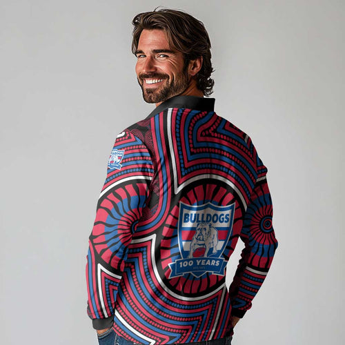 Western Bulldogs Long Sleeve Polo Shirt Indigenous Monochrome Dot Art Mascot Style