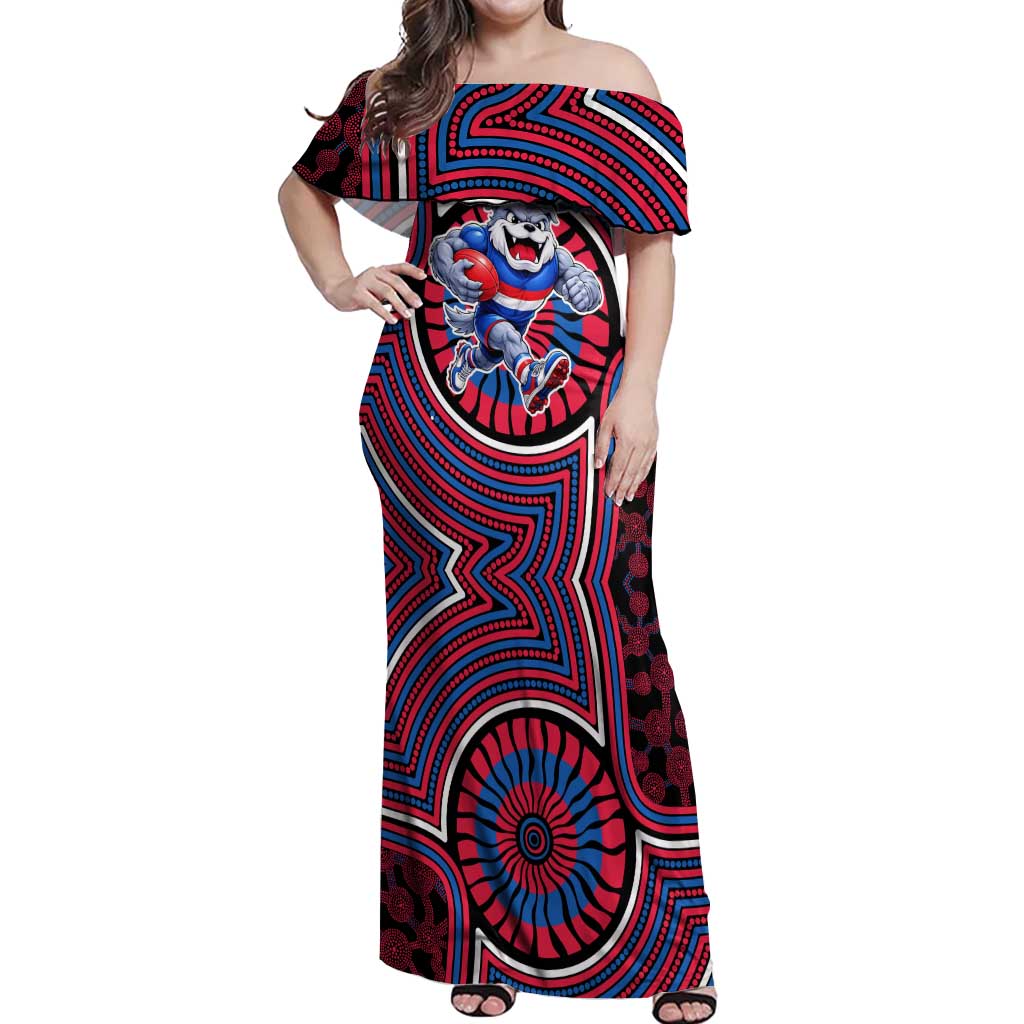 Western Bulldogs Off Shoulder Maxi Dress Indigenous Monochrome Dot Art Mascot Style