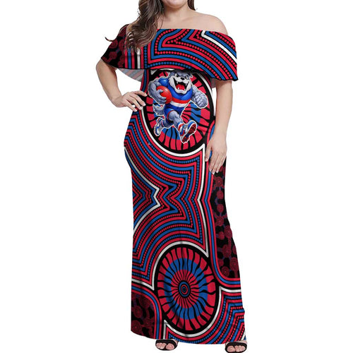 Western Bulldogs Off Shoulder Maxi Dress Indigenous Monochrome Dot Art Mascot Style