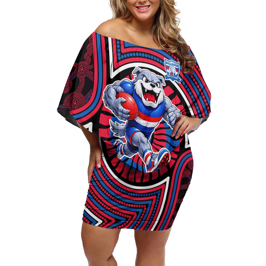 Western Bulldogs Off Shoulder Short Dress Indigenous Monochrome Dot Art Mascot Style