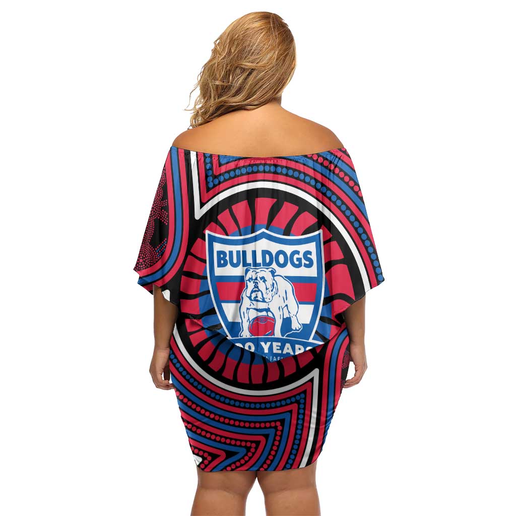 Western Bulldogs Off Shoulder Short Dress Indigenous Monochrome Dot Art Mascot Style